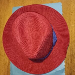 Red Straw Packable Hat with Blue Accent Fold It Up Shake It Out And Your Ready